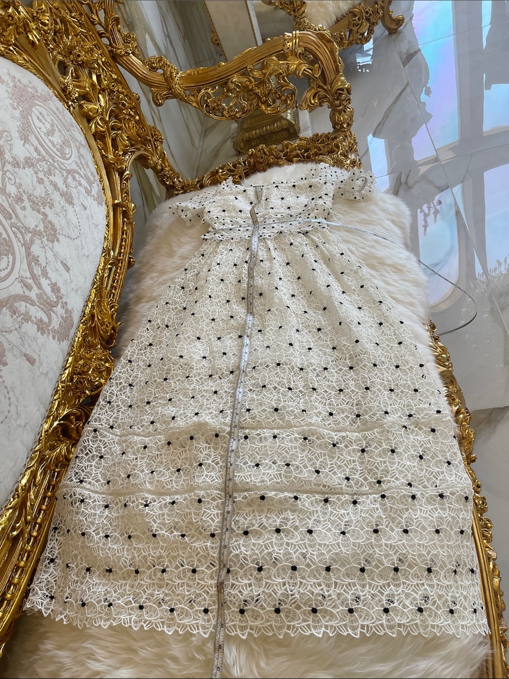 Elegant White Lace Midi Skirt with Black Dot Detail